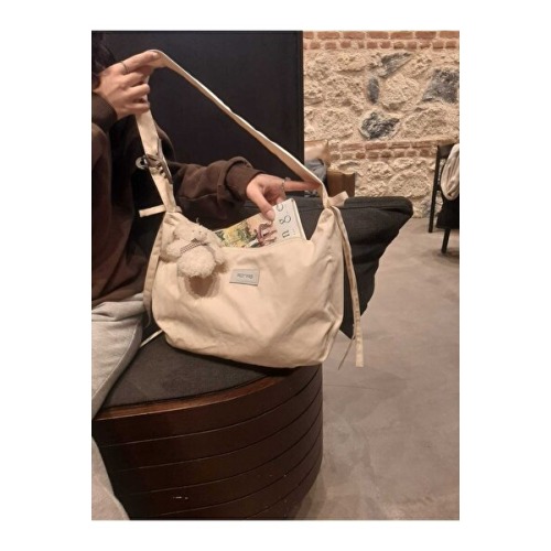 RONASBAG Bow Bag Krem Kadın Astarlı Içi Gözlü Fiyonk Detaylı Fermuarlı Baget Kol Çantası
