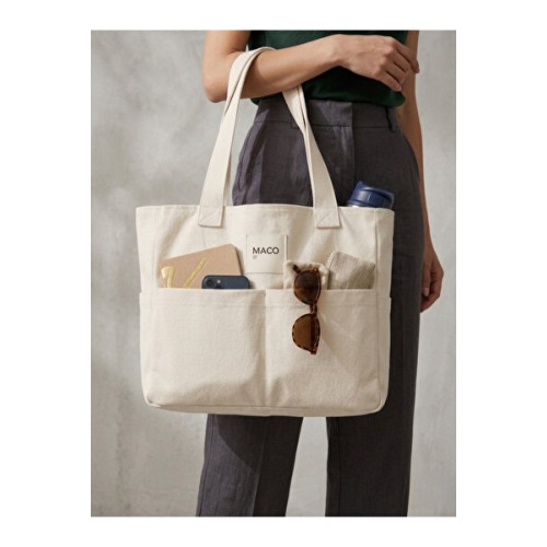 Maco collection Kalın Gabardin Tote Bag Uzun Askılı Çok Cepli Geniş Omuz Çanta