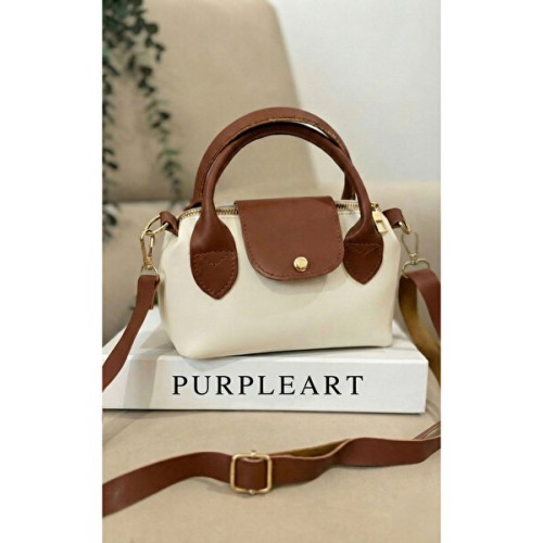 PurpleART Kadın Krem Taba Çift Renkli Minimalist Mini El ve Omuz Çantası - Fermuarlı Çapraz Kadın Çanta