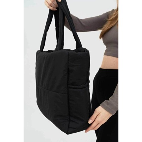 woys Siyah Kabartmalı Pamuklu Kumaş Shopper Çanta -Okul Omuz Çantası