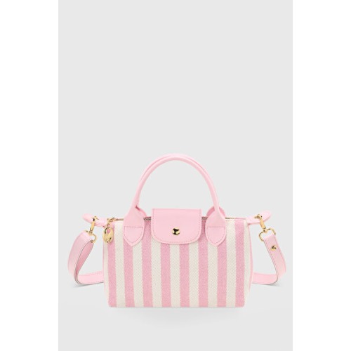 Housebags Pembe Çizgili Kanvas Çok Yönlü PU Deri Çapraz Askılı Çanta