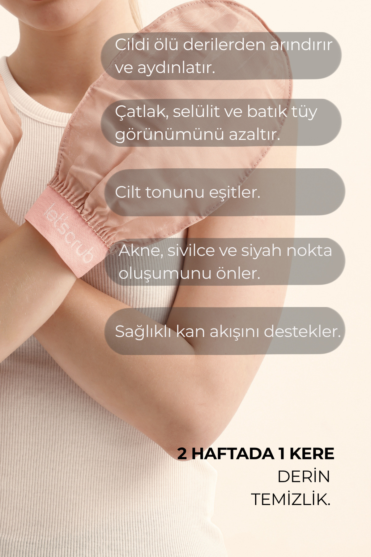LET'SCRUB Bej Lastikli Banyo Duş Kesesi Peeling Eldiveni %100 Floş Ipek Hassas Ciltler Için 1 Adet - Görsel 3