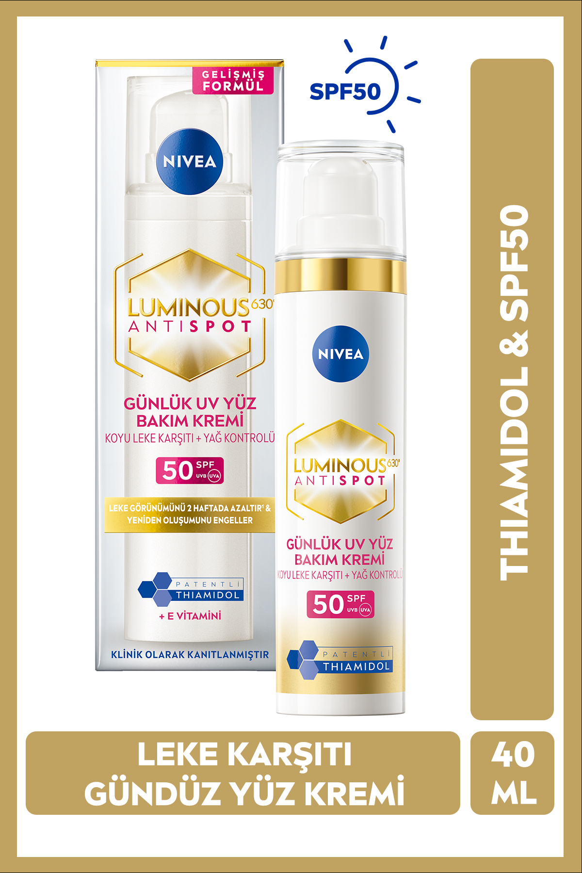 NIVEA SPF50 Luminous630 Thiamidol Etkili Leke Karşıtı Gündüz Yüz Kremi 40ml,Hyaluronik Asit,Güneş Koruyucu