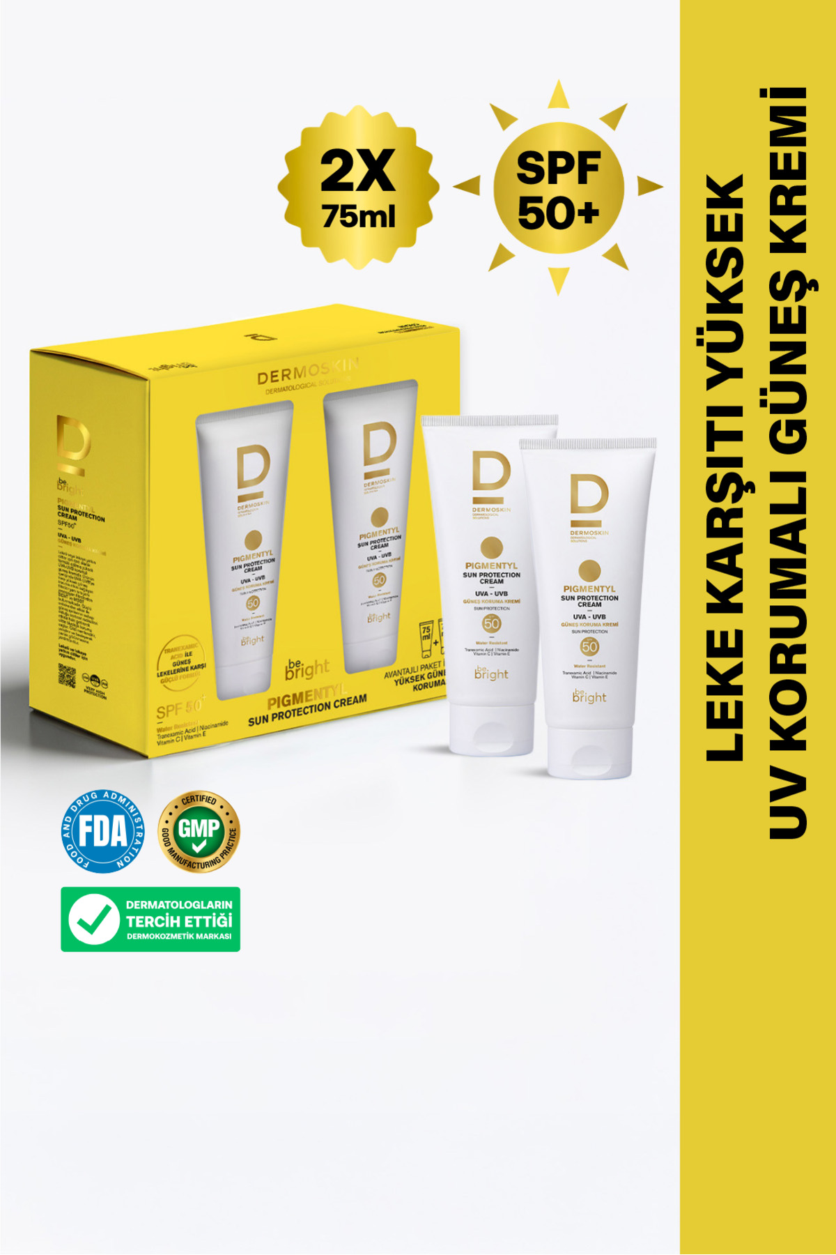 Dermoskin 2'li Be Bright Pigmentyl SPF 50+ | UVA & UVB Koruyucu | Leke Karşıtı Güneş Kremi | 75+75 ml