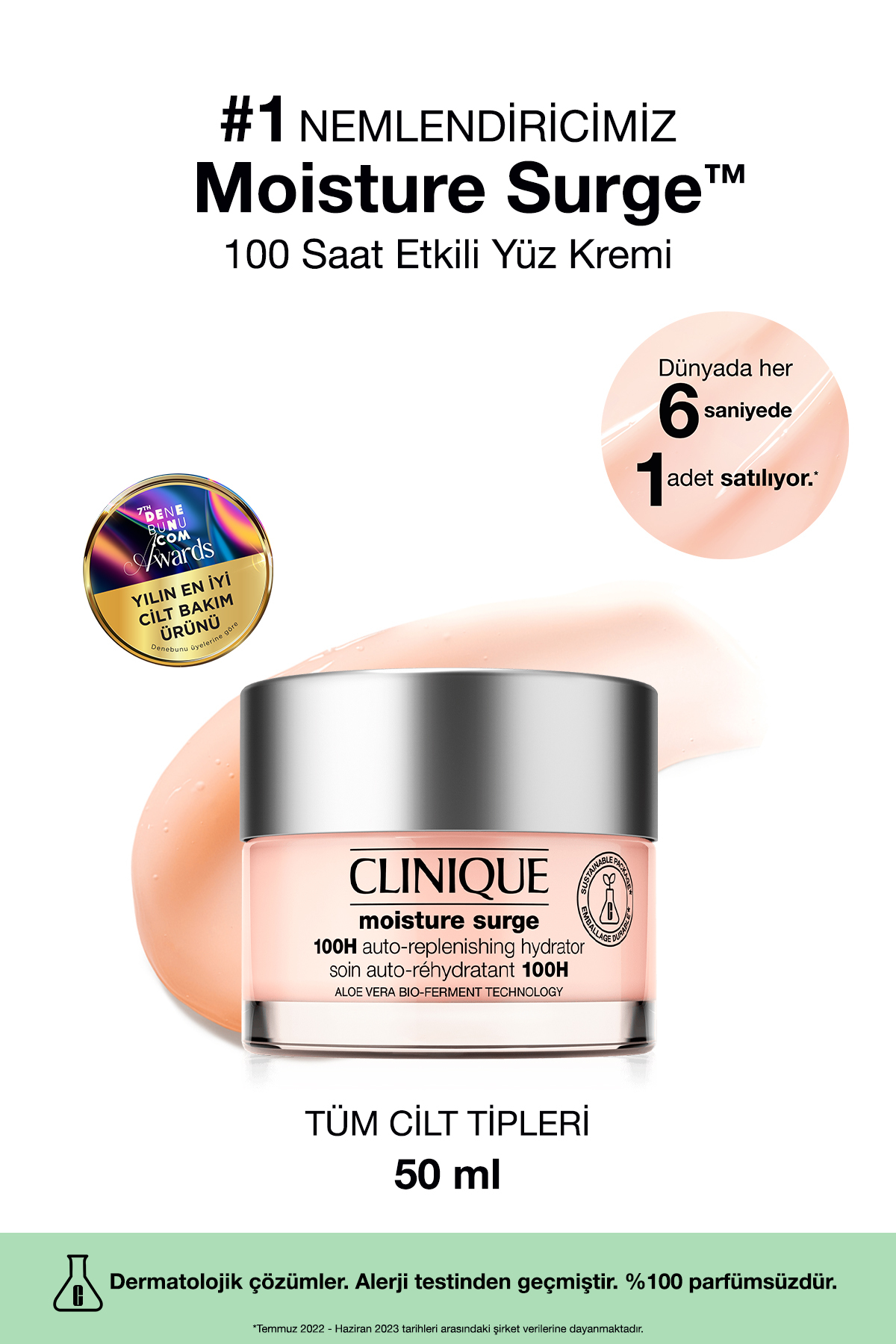 Clinique Moisture Surge™ 100 Saat Etkili Nemlendirici Yüz Kremi 50ml | Aloe Vera Bioferment, Hyalüronik Asit