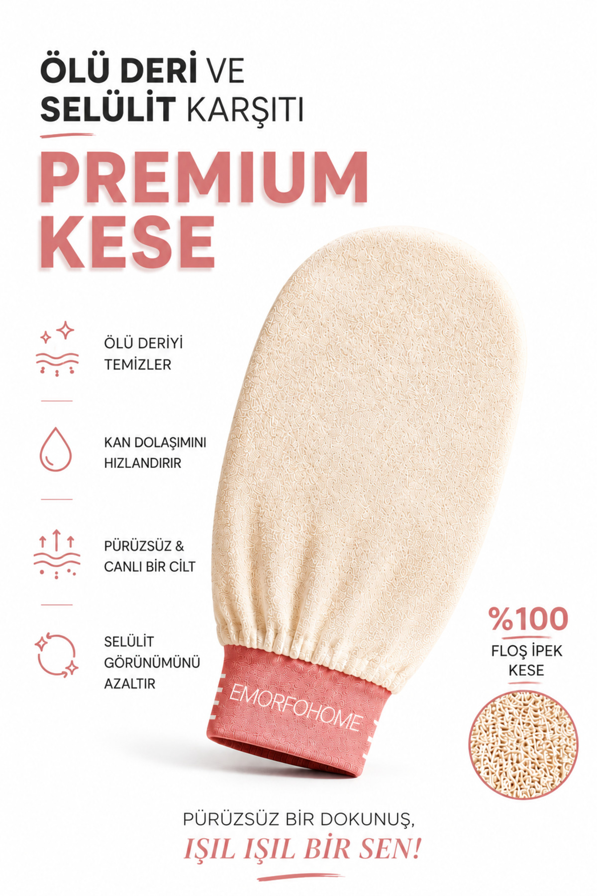 EMORFOHOME Ekru Banyo Duş Kesesi Peeling Eldiveni %100 Floş Ipek Premium Kadın Ve Erkekler Için
