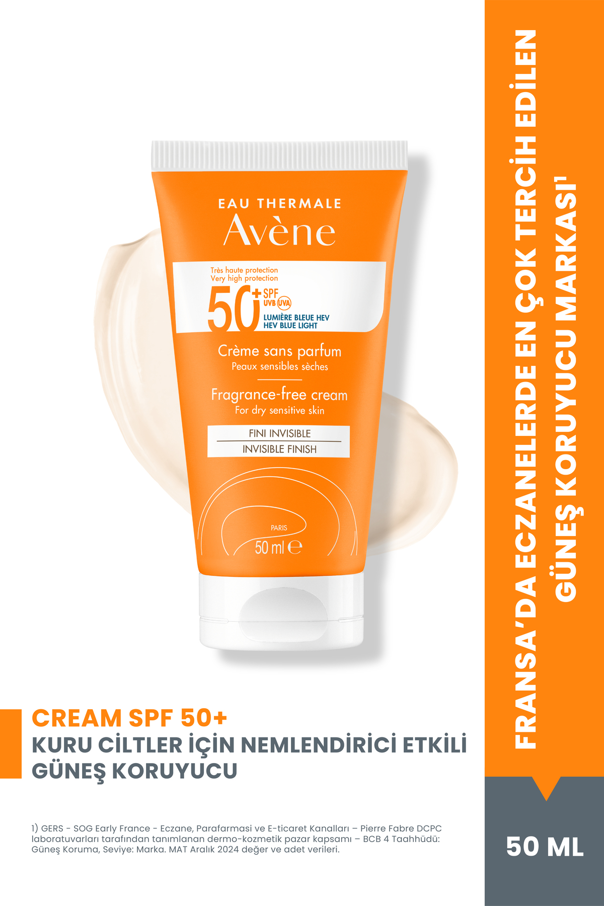 Avene Cream SPF 50+ Kuru Ciltler için Güneş Kremi Yüksek Koruma ve Nemlendirici Etkili 50 ml