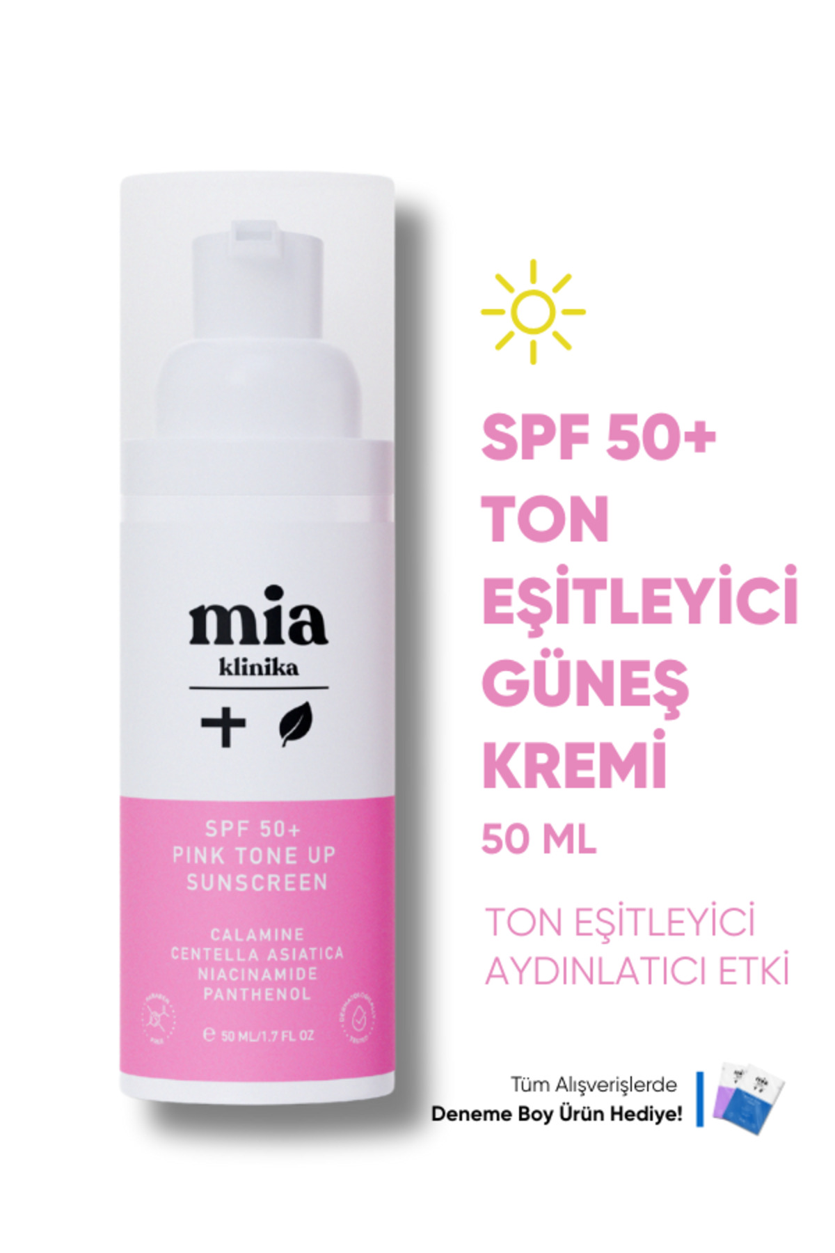 mia klinika Spf 50+ Pink Tone Up Ton Eşitleyici Pembe Yüz Güneş Kremi