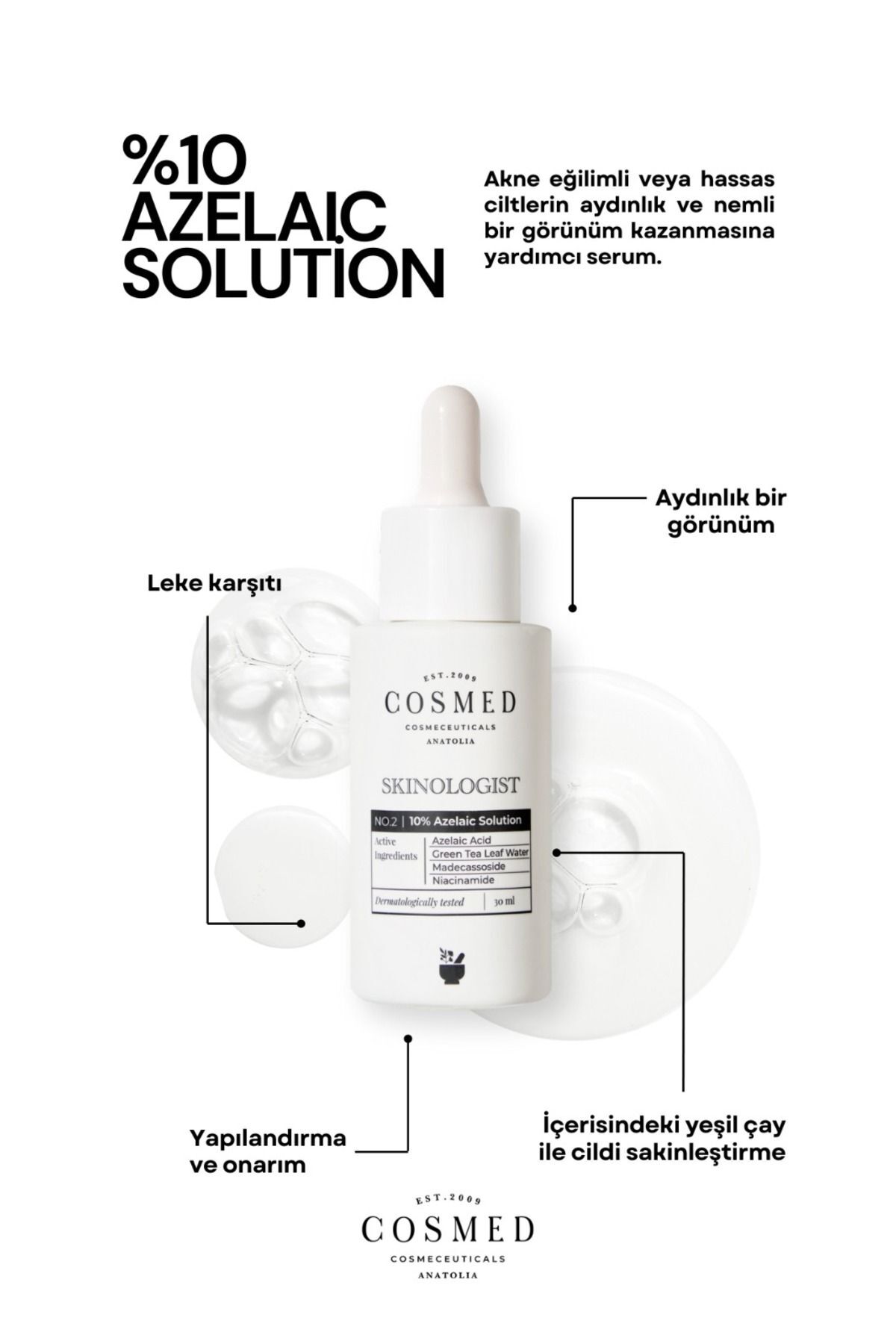 COSMED Azelaik Asit ve Yeşil Çay İçeren Leke Karşıtı Serum/Skinologist 10% AZELAIC SOLUTION 30ML - Görsel 3