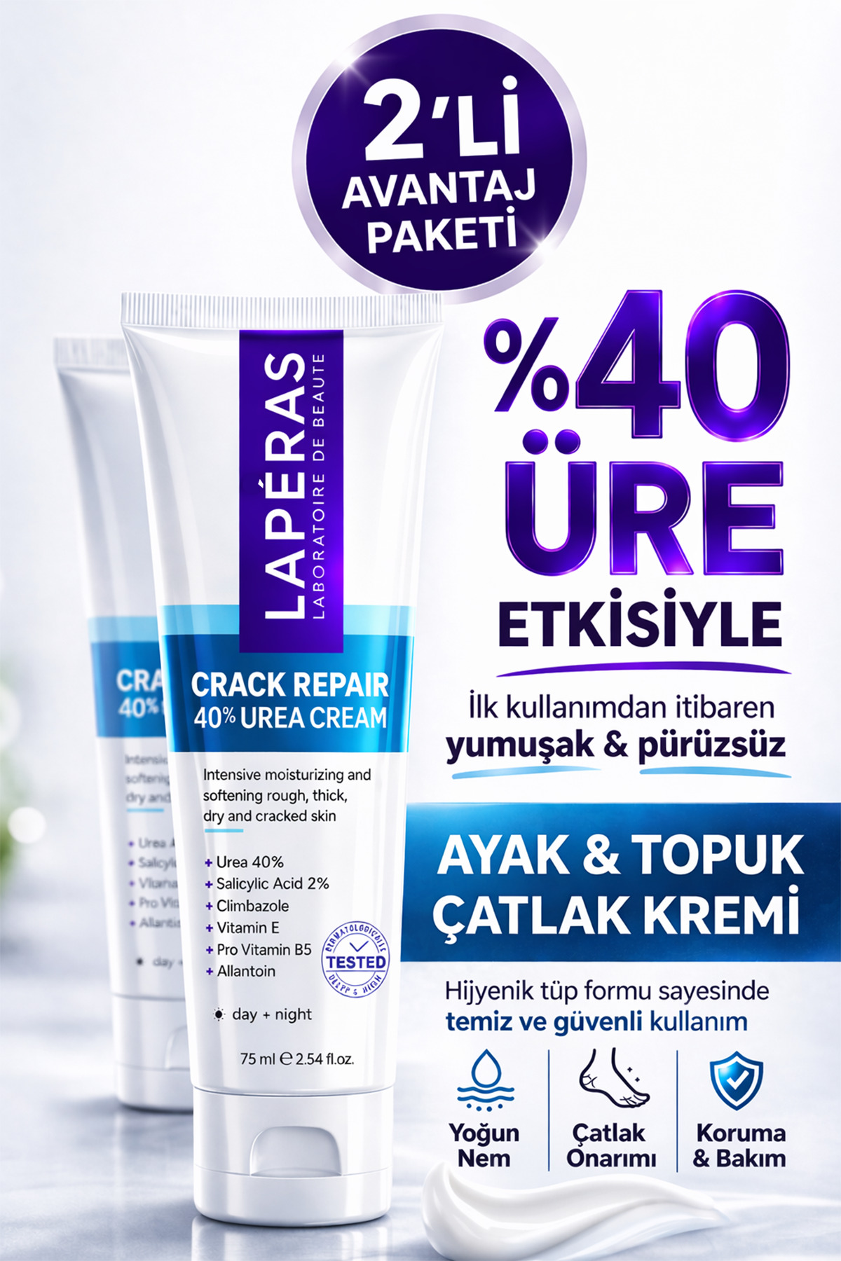LAPÉRAS Ayak Kremi Topuk Çatlak Bakımı %40 Üreli 2'li Paket | Yoğun Nemlendirici, Nasır ve Koku Karşıtı | %2 Salisilik Asit | 75 ml x 2
