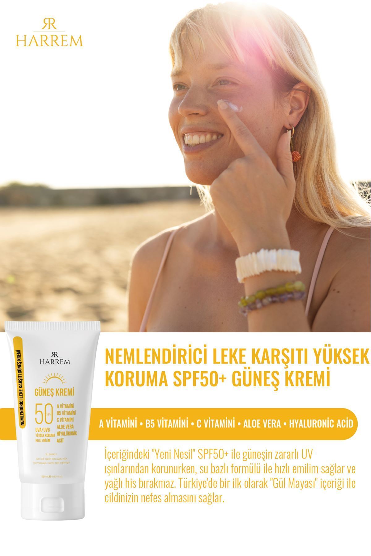 Harrem Leke Karşıtı Aydınlatıcı & Spf50 Yüksek Koruma, Gül Mayası Özlü, Nemlendirici Güneş Kremi 50ml - Görsel 3