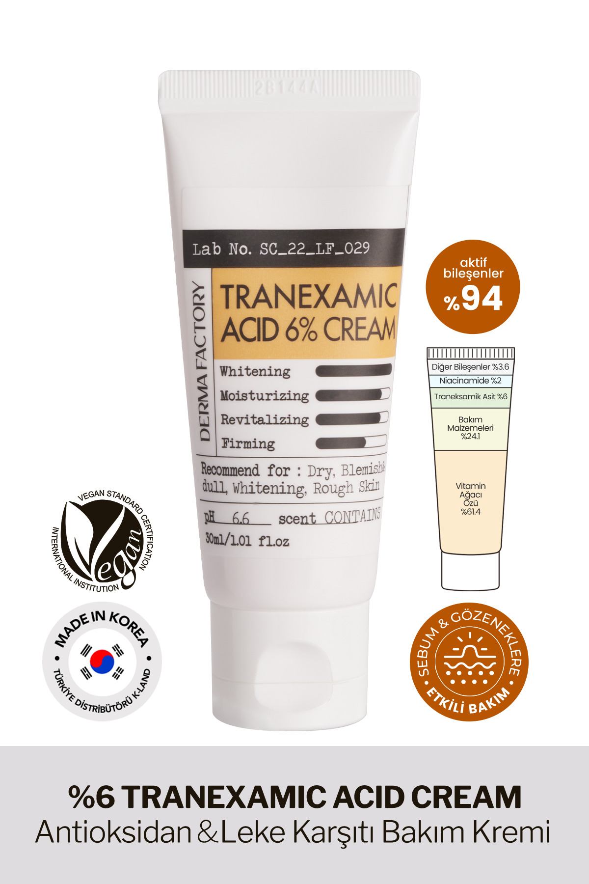 DERMA FACTORY Tranexamik Asit ile Aydınlatıcı Leke Karşıtı Bakım Kremi Derma Factory Tranexamic Acid %6 Cream