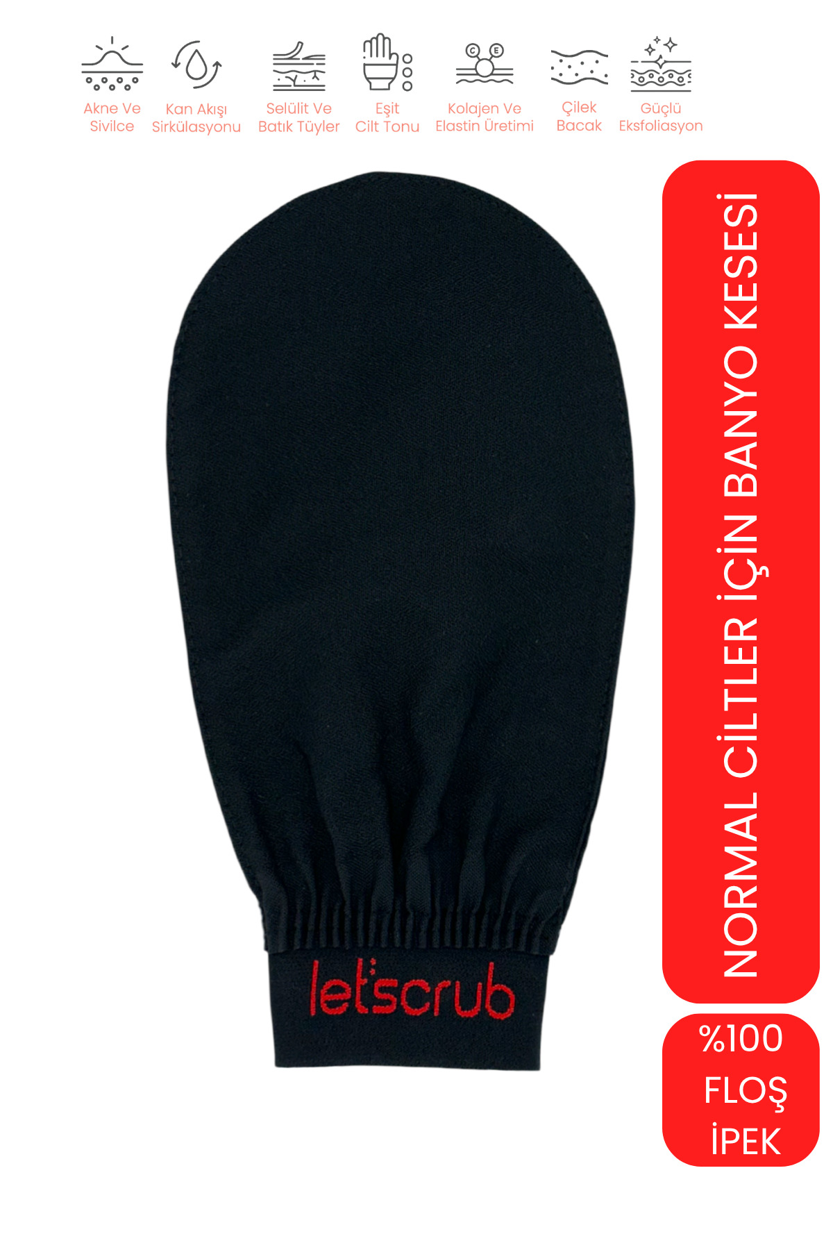 LET'SCRUB 1 Adet Siyah Banyo Duş Kesesi Peeling Eldiveni %100 Floş Ipek Normal Ciltler Için