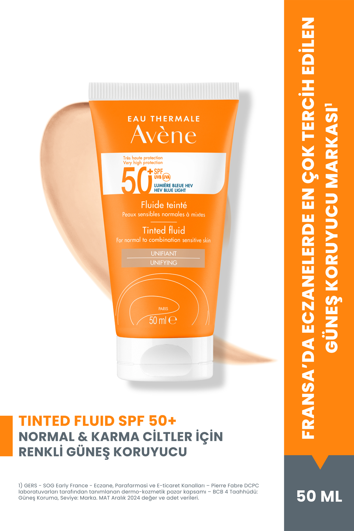 Avene Tinted Fluid SPF 50+ Normal ve Karma Ciltler için Yüksek Korumalı Renkli Yüz Güneş Kremi 50 ml
