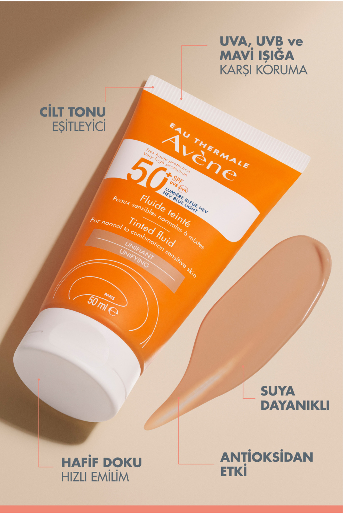 Avene Tinted Fluid SPF 50+ Normal ve Karma Ciltler için Yüksek Korumalı Renkli Yüz Güneş Kremi 50 ml - Görsel 3