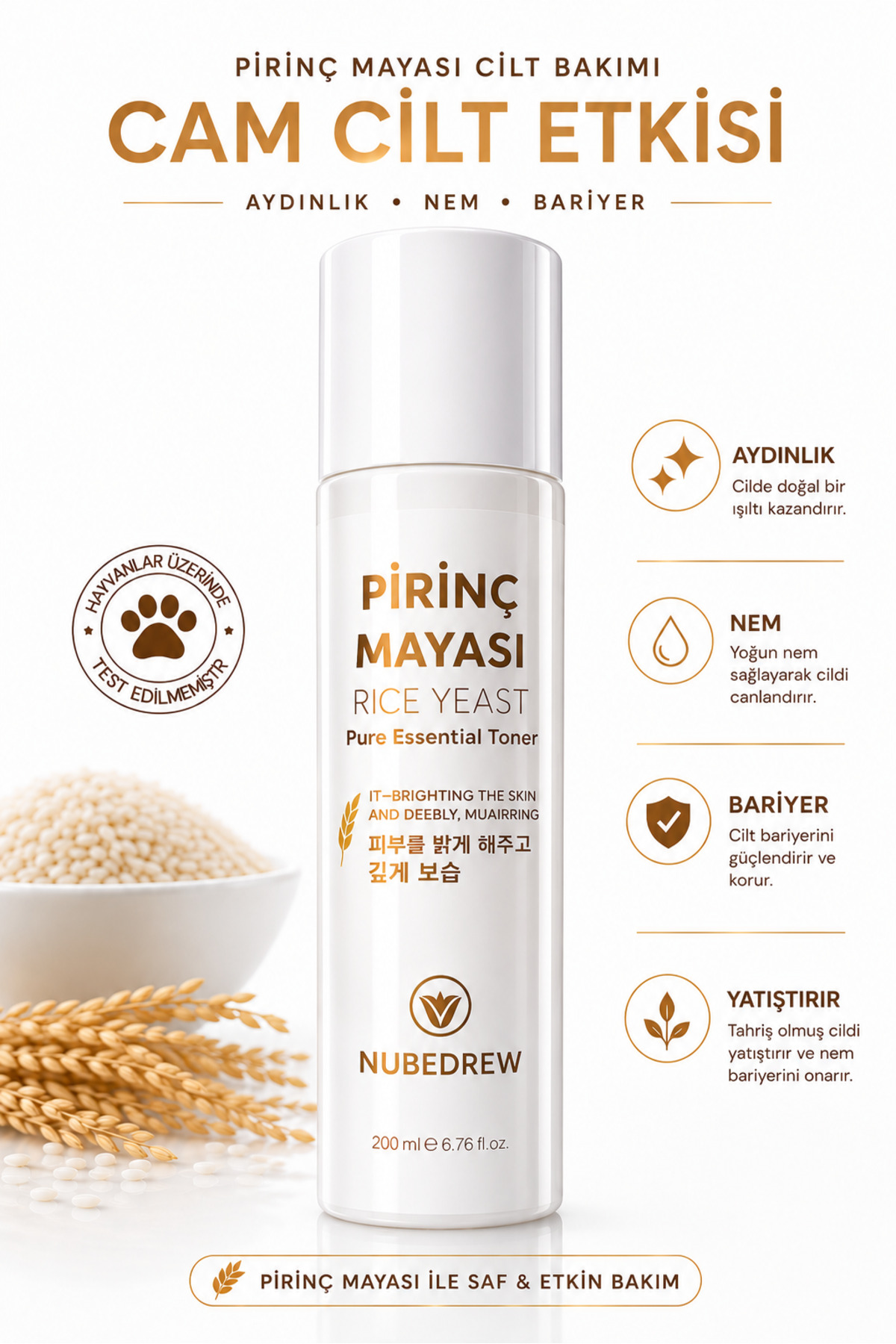 NUBEDREW Pirinç Mayası Tonik 200 ml Aydınlatıcı Beyazlatıcı Leke Karşıtı Nemlendirici Bakım Etkili