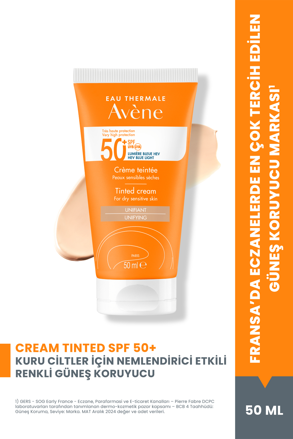 Avene Cream SPF 50+ Kuru Ciltler için Renkli Güneş Kremi Yüksek Koruma ve Nemlendirici Etkili 50 ml