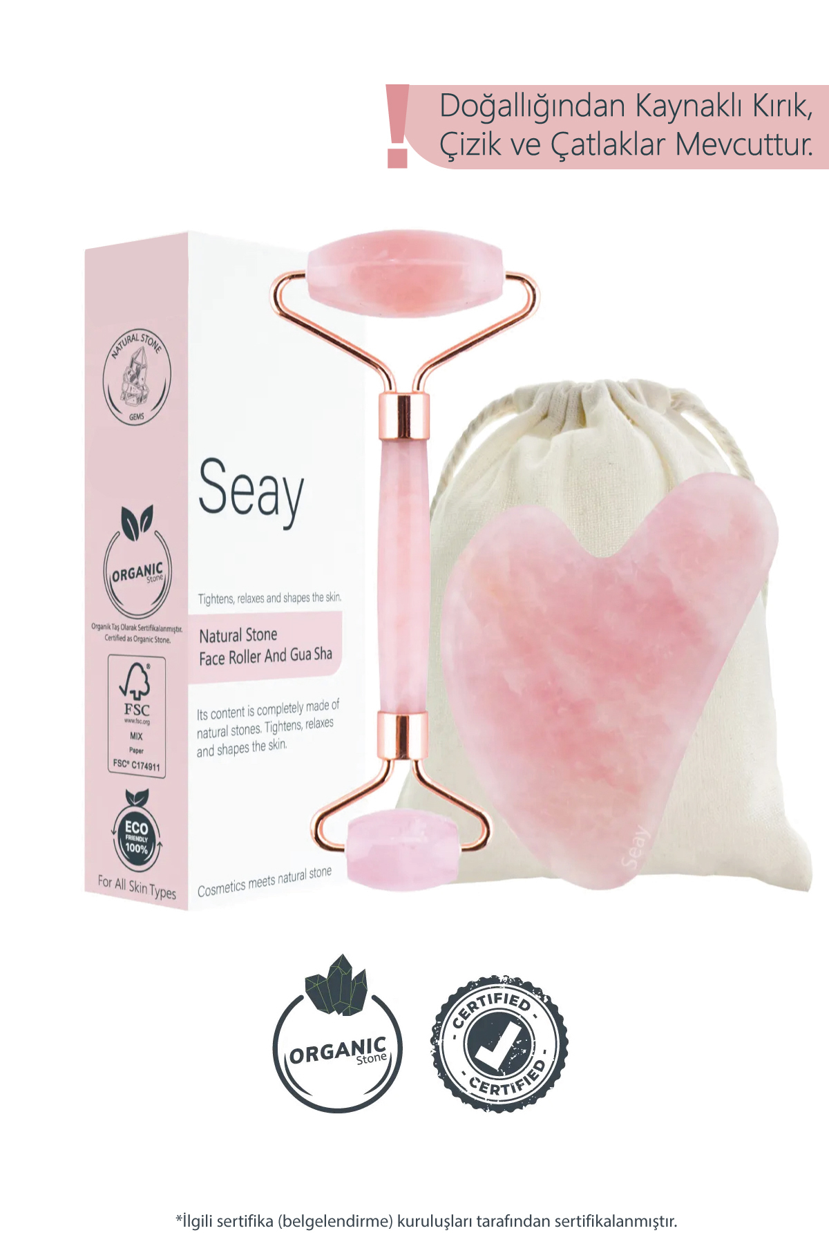 Seay Pembe Kuvars Roller Ve Pembe Kalp Gua Sha Yüz Masaj Aleti Seti Keseli Değerli Doğal Taş Sertifikalı