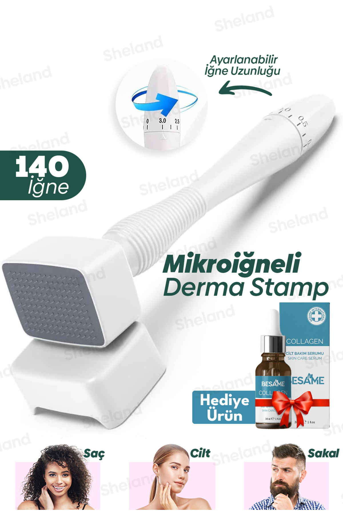 Sheland Dermastamp 140 Titanyum İğneli , 30 ml Collagen Serum - Ayarlanabilir 10 İğne 0.25 mm - 3.00 mm