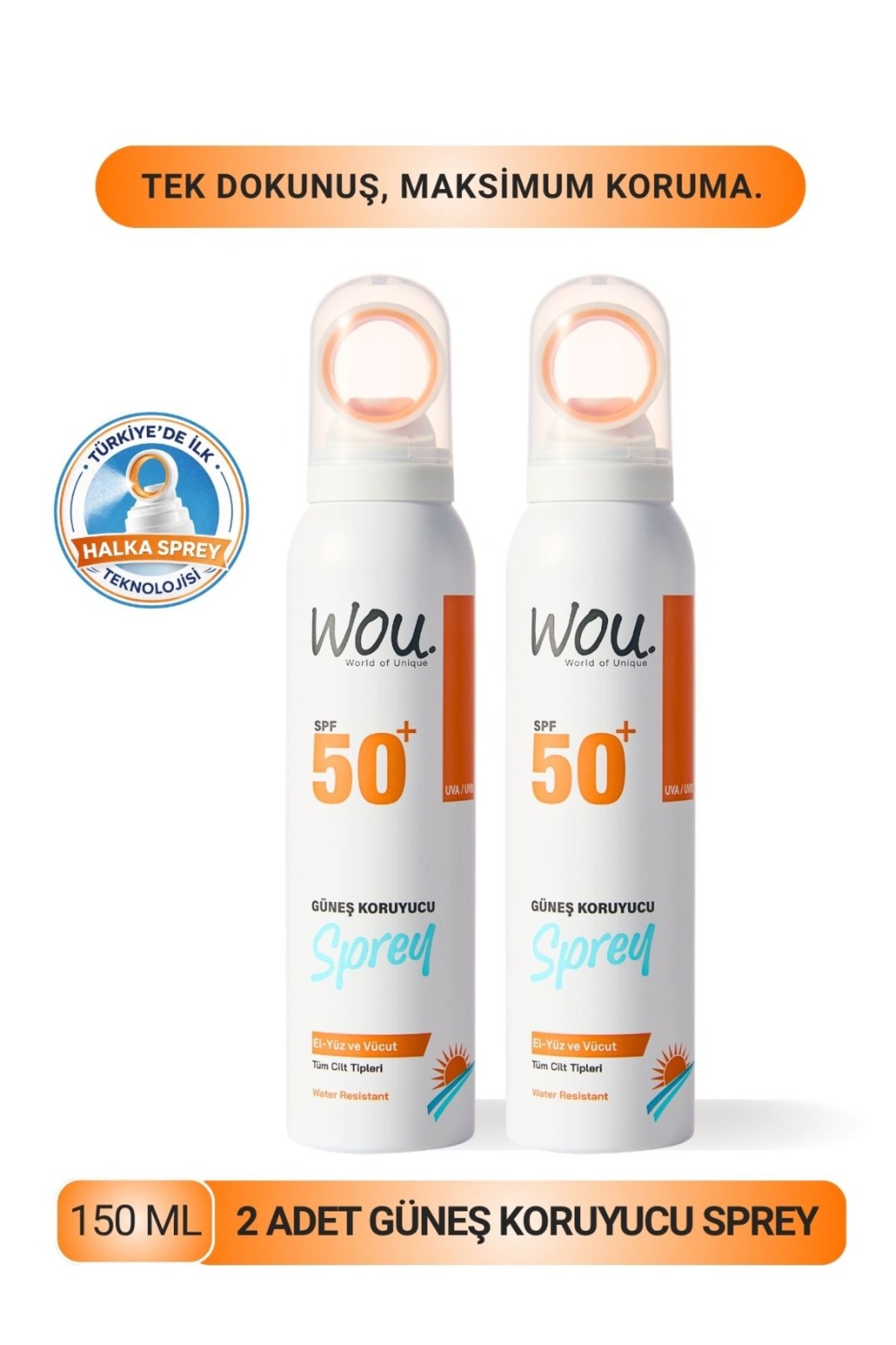 WOU World of Unique Yeni Nesil Güneş Koruyucu Sprey 50spf. Özel Halka Sprey Teknolojisi 150ml.2 Adet