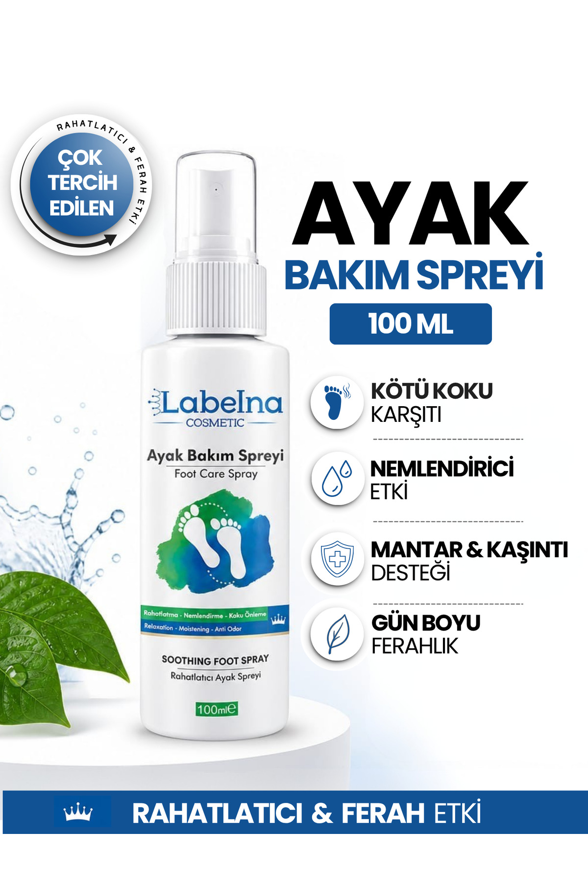 Labelna Cosmetic Ayak Koku Giderici,Nasır,Mantar ve Nemlendirici Bakım Spreyi ( onarıcı,yatıştırıcı) 100 ML