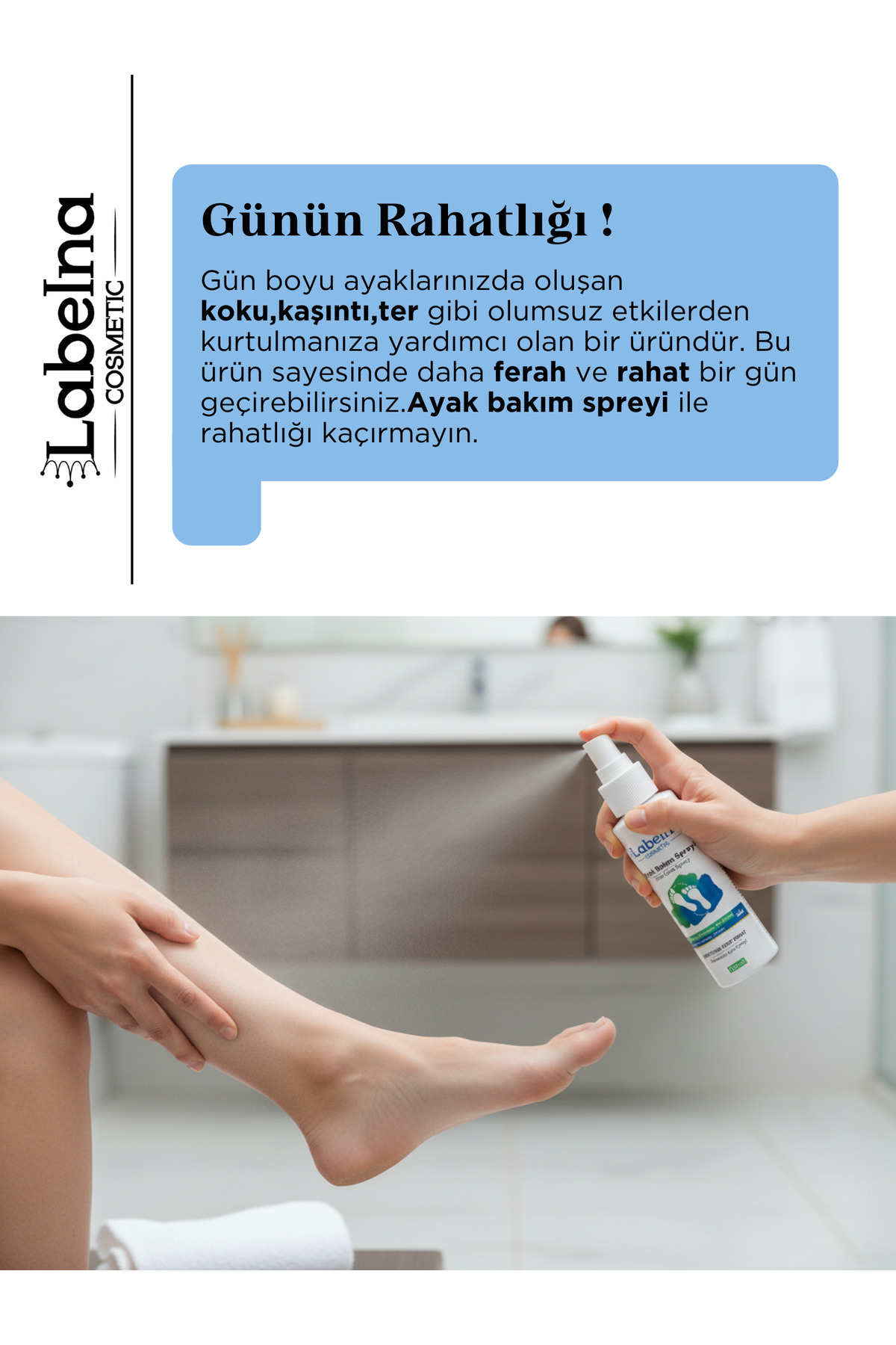 Labelna Cosmetic Ayak Koku Giderici,Nasır,Mantar ve Nemlendirici Bakım Spreyi ( onarıcı,yatıştırıcı) 100 ML - Görsel 3
