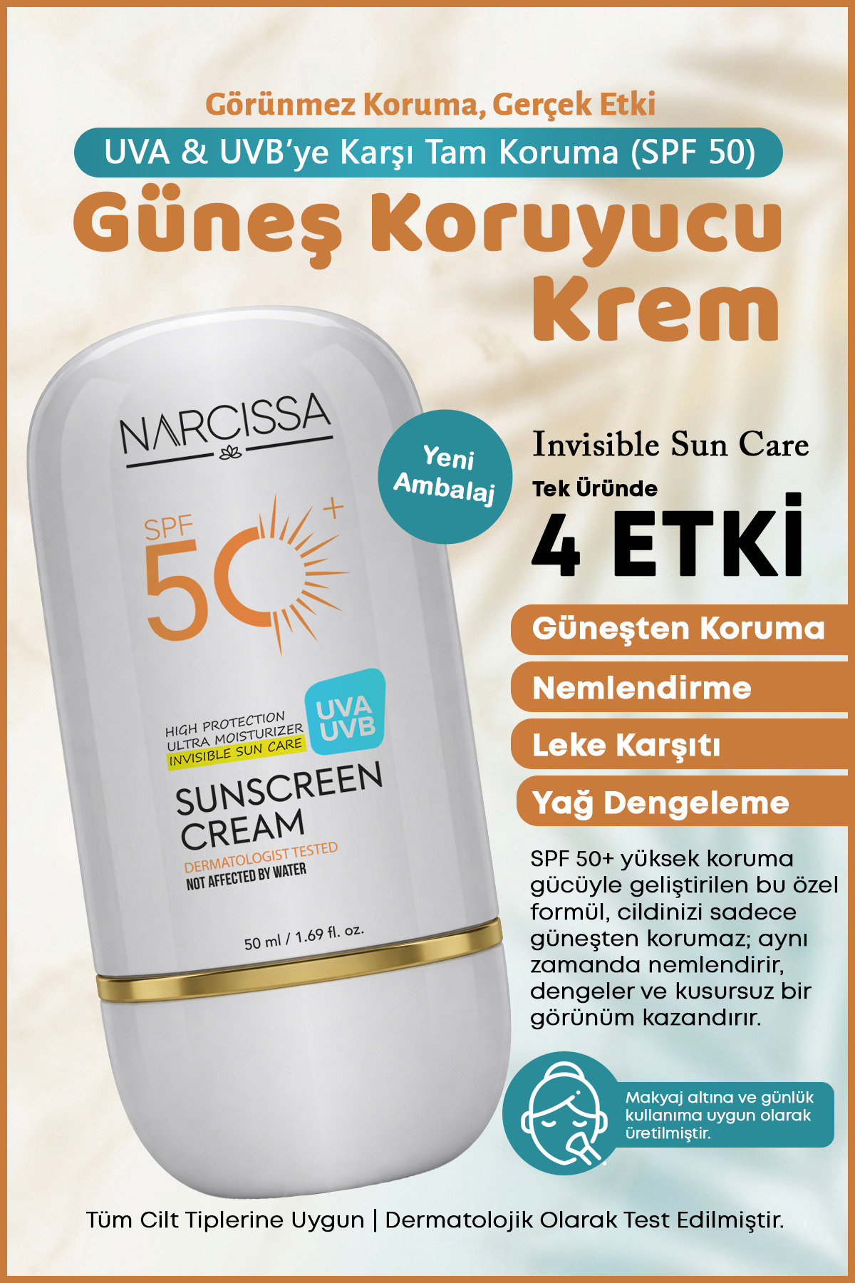 Narcissa Yüksek Koruyucu, Leke Karşıtı Yüz Güneş Kremi 50 SPF+ Waterproof UVA + UVB 50 ML