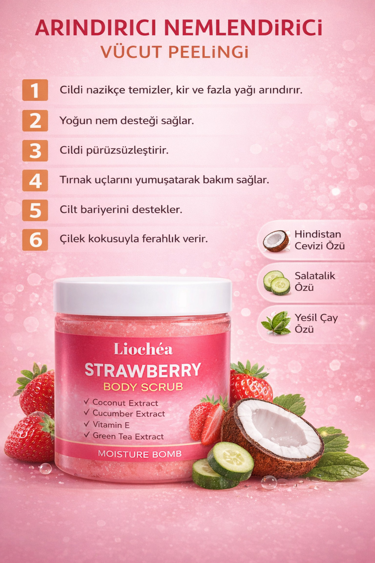 LİOCHEA Çilek Özlü Body Scrub Besleyici Arındırıcı Batık Karşıtı Yoğun Nemlendirici El- Vücut Peelingi 300 gr - Görsel 3