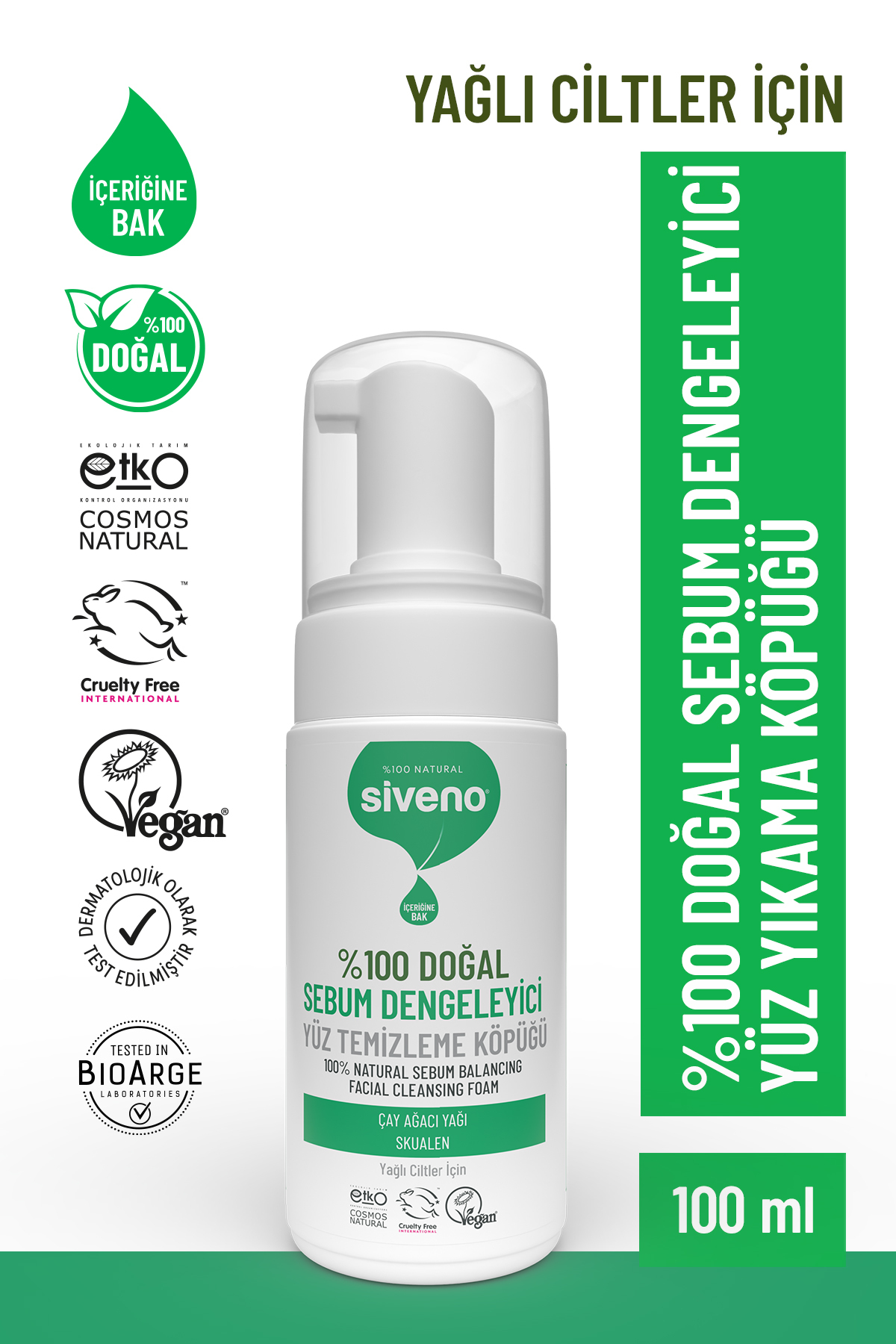 Siveno %100 Doğal Yüz Temizleme Köpüğü Yağlı Ciltler İçin Makyaj Siyah Nokta Sivilce Vegan 100 ml