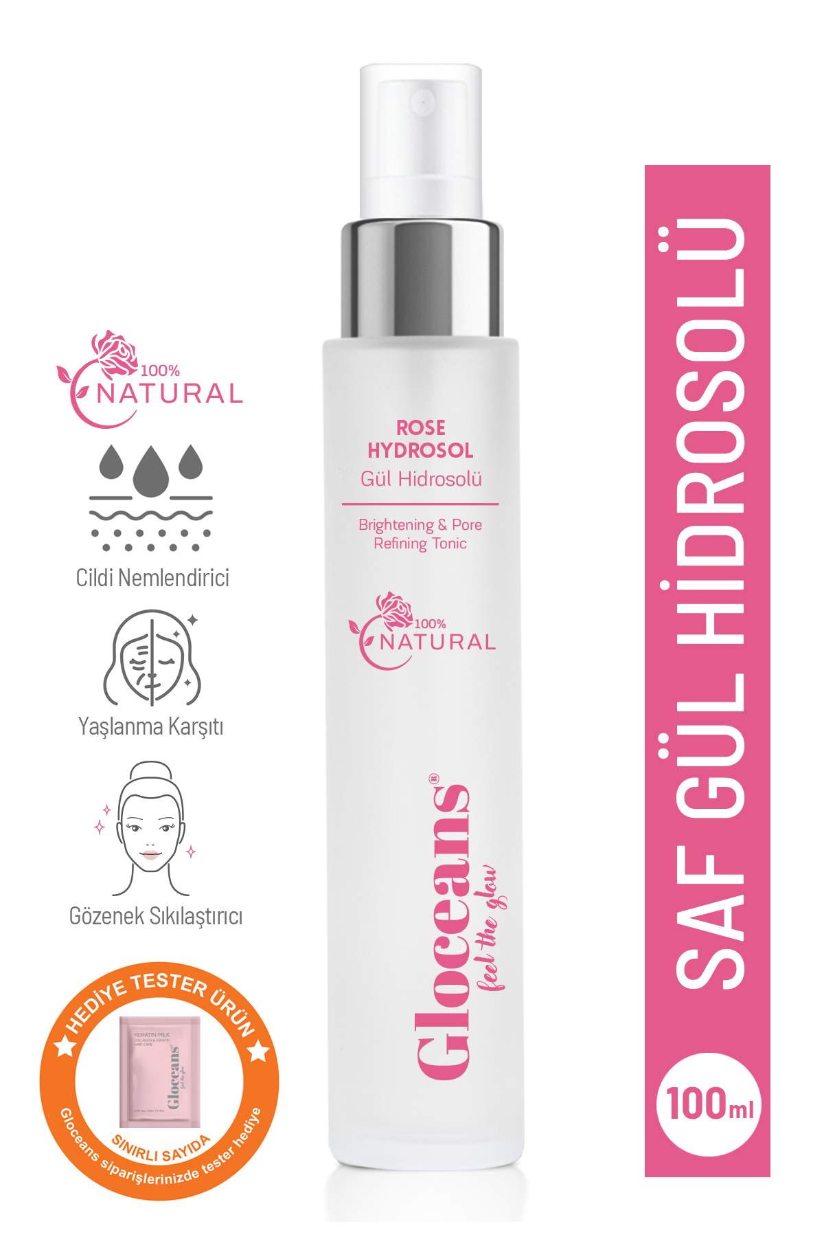 gloceans feel the glow Gül Suyu Gözenek Sıkılaştırıcı Aydınlatıcı Ve Arındırıcı Tonik %100 Doğal Ve Saf 100 ml