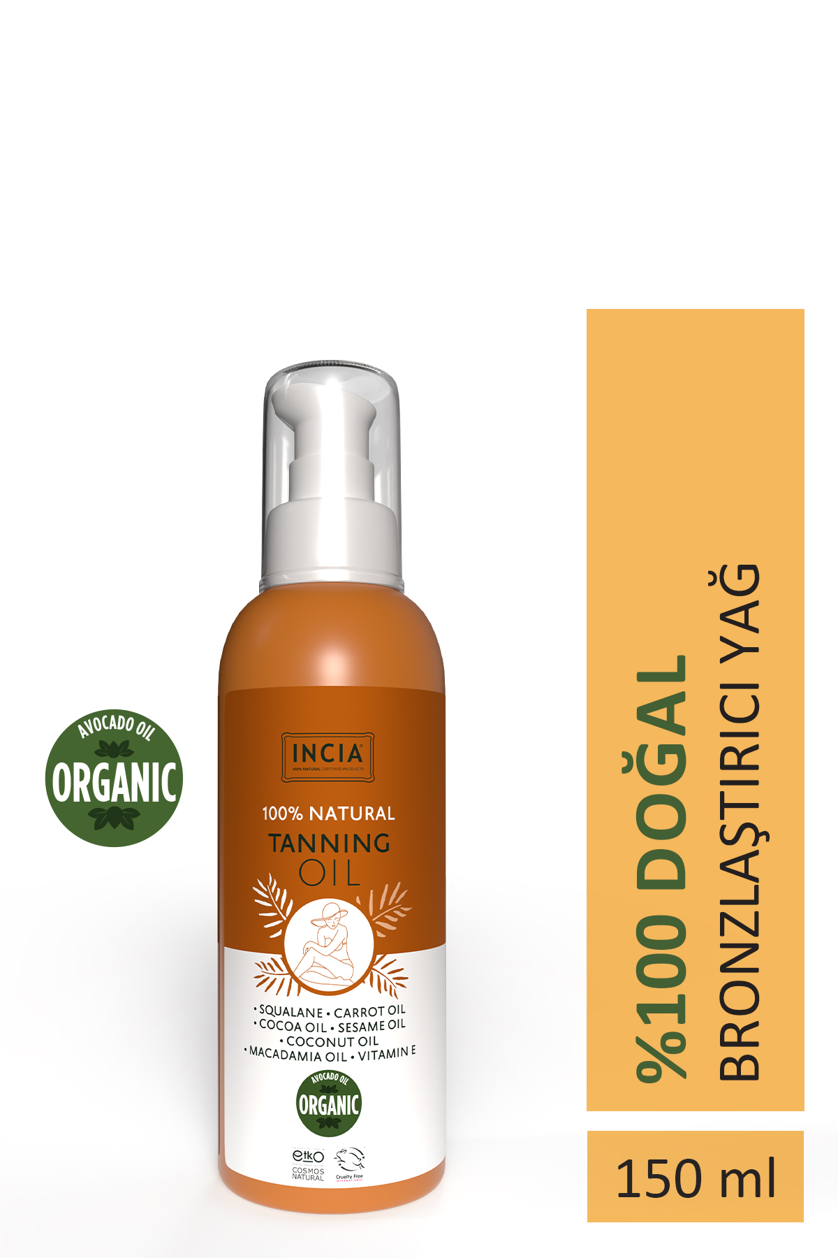 Incia %100 Doğal Bronzlaştırıcı Yağ Organik Avokado Yağı Yoğun Bronzlaştırıcı Kakao Havuç Susam 150 ml