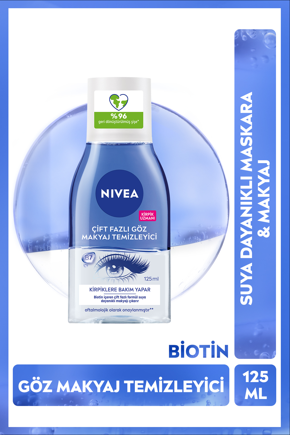 NIVEA Çift Fazlı Göz Makyaj Temizleyici 125 ml,Biotin,Kirpik Bakımı,Suya Dayanıklı Maskara ve Makyaj