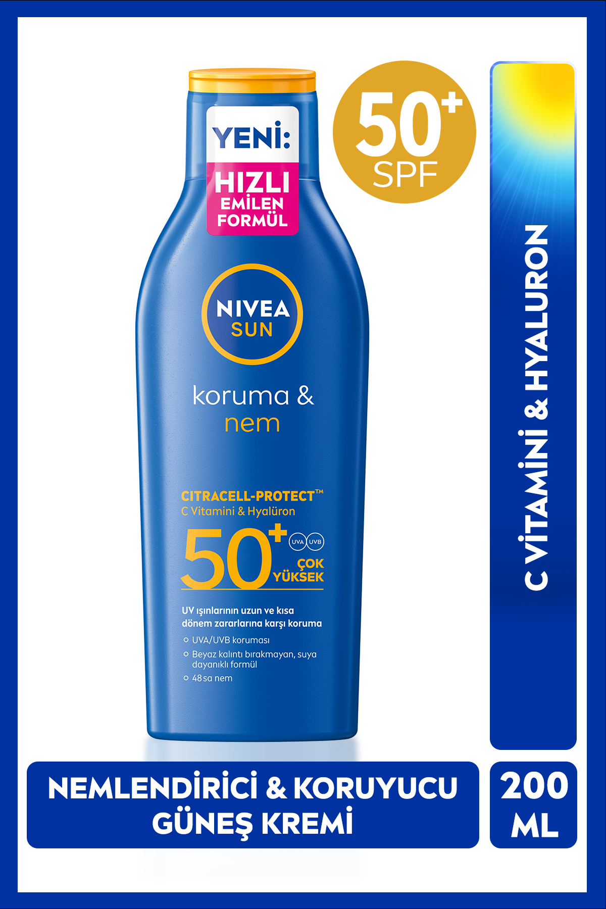 NIVEA SUN SPF50 Güneş Koruyucu Vücut Losyonu 200ml, Nemlendirici, Suya Dayanıklı, Anında UVA UVB Koruması