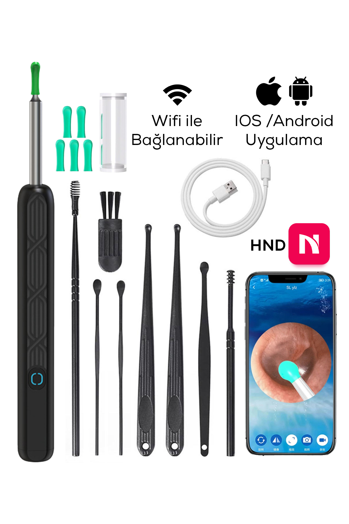 ALFAGİFT Kablosuz WiFi Akıllı Kameralı Kulak Temizleme Çubuğu – iOS Android Uyumlu 1296P HD