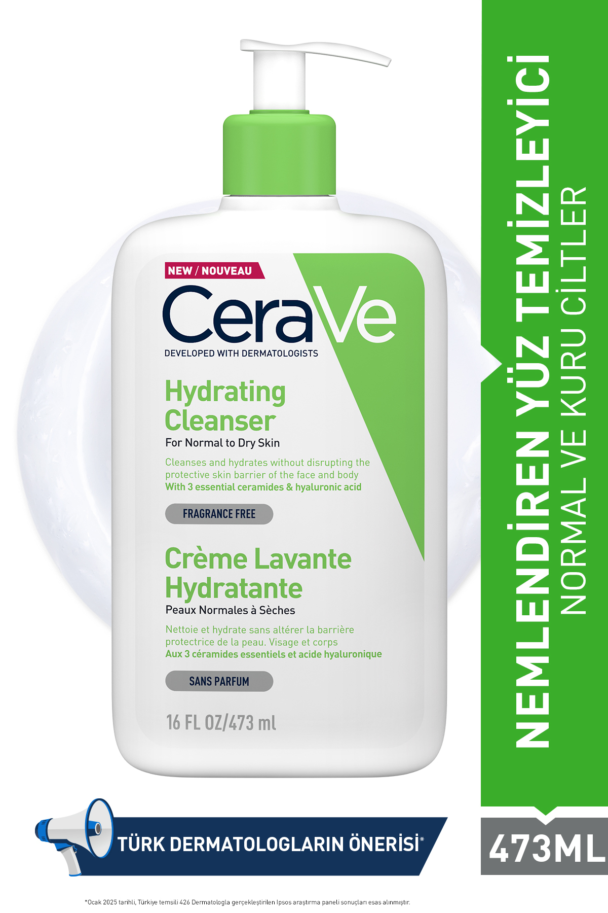 CeraVe Normal ve Kuruya Dönük Ciltler için Seramid & Hyalüronik Asit İçeren Nemlendiren Temizleyici 473 ML