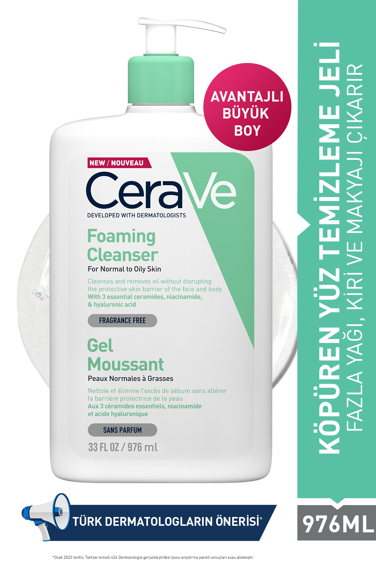 CeraVe NORMAL VE KARMA CİLTLER İÇİN NİASİNAMİD İÇERİKLİ KÖPÜREN TEMİZLEYİCİ 976 ML