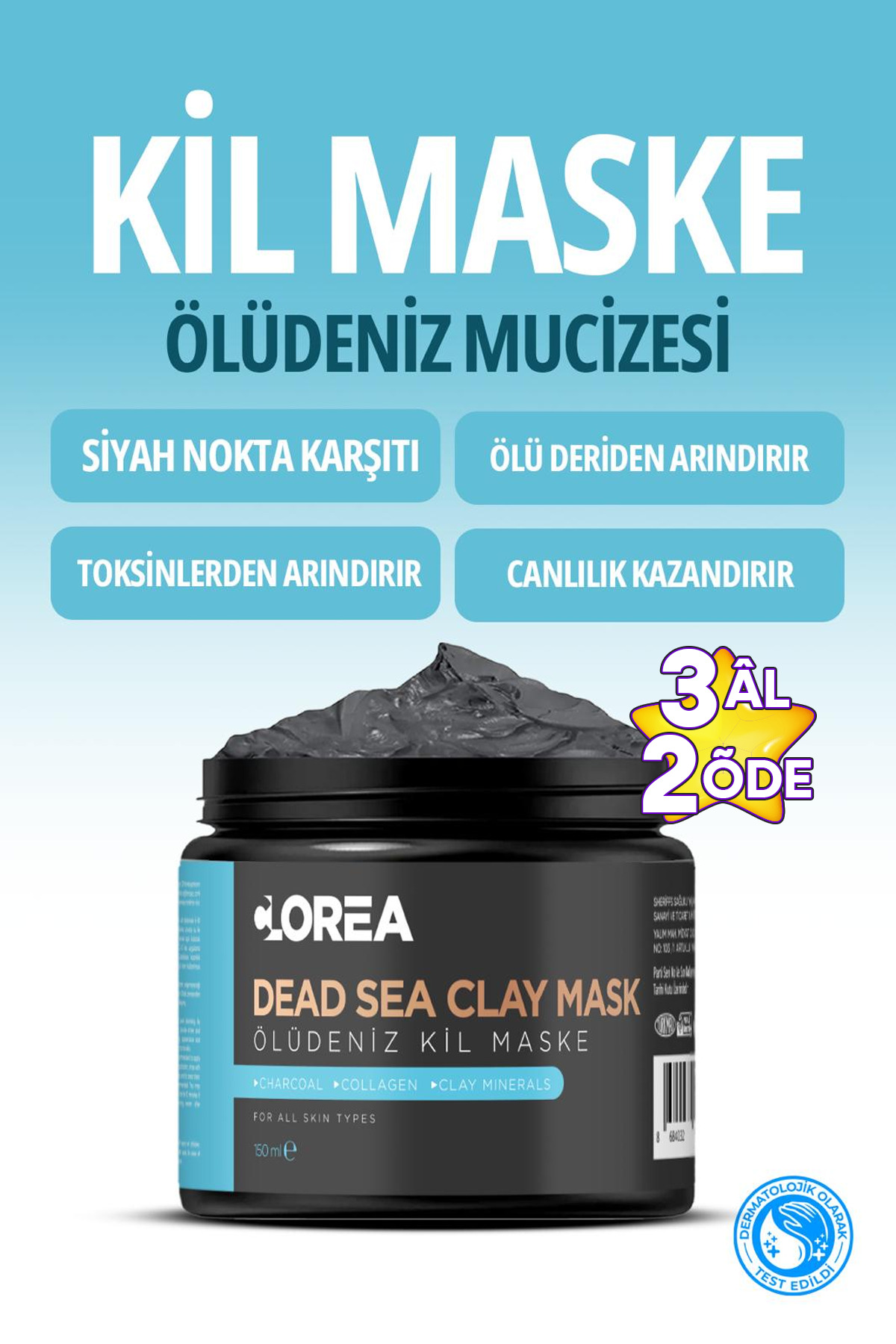 Clorea Kömür Mineralli Ölü Deniz Kil Maskesi Kolajen Siyah Nokta Ölü Deri-Toksin Karşıtı Gözenek Sıklaştrcı