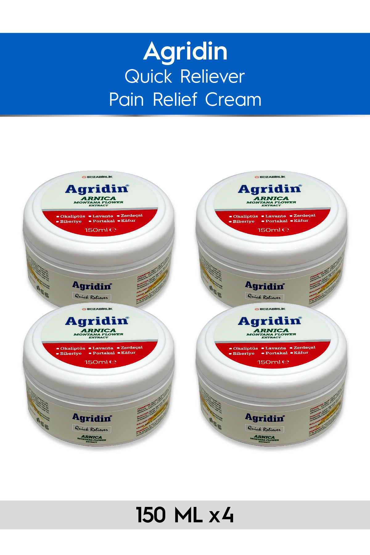 Agridin Ağrı Giderici Eklem Ve Kas Sağlığı Destek Kremi Arnica Montana Extract 4 Adet 150 ml
