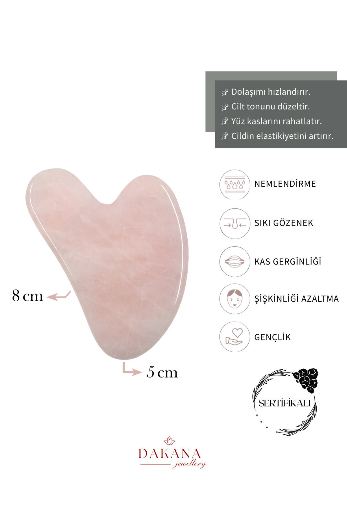 DAKANA JEWELLERY Sertifikalı Pembe Kuvars Gua Sha Yüz Masaj Taşı - Görsel 3