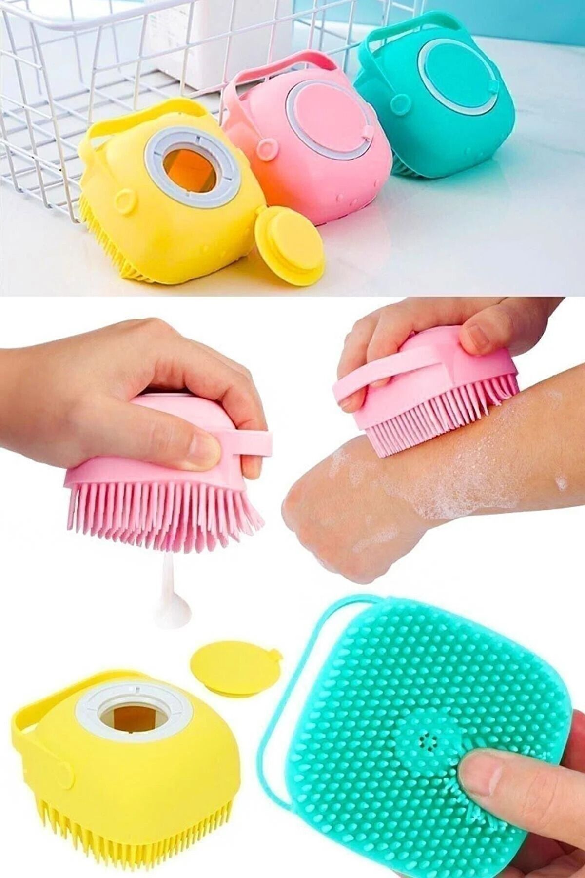 Genel Markalar Duş Jeli Hazneli Silikon Fırça Kese Çok Amaçlı Vücut Temizleme Kesesi Peeling Banyo Lifi Bulaşık - Görsel 3