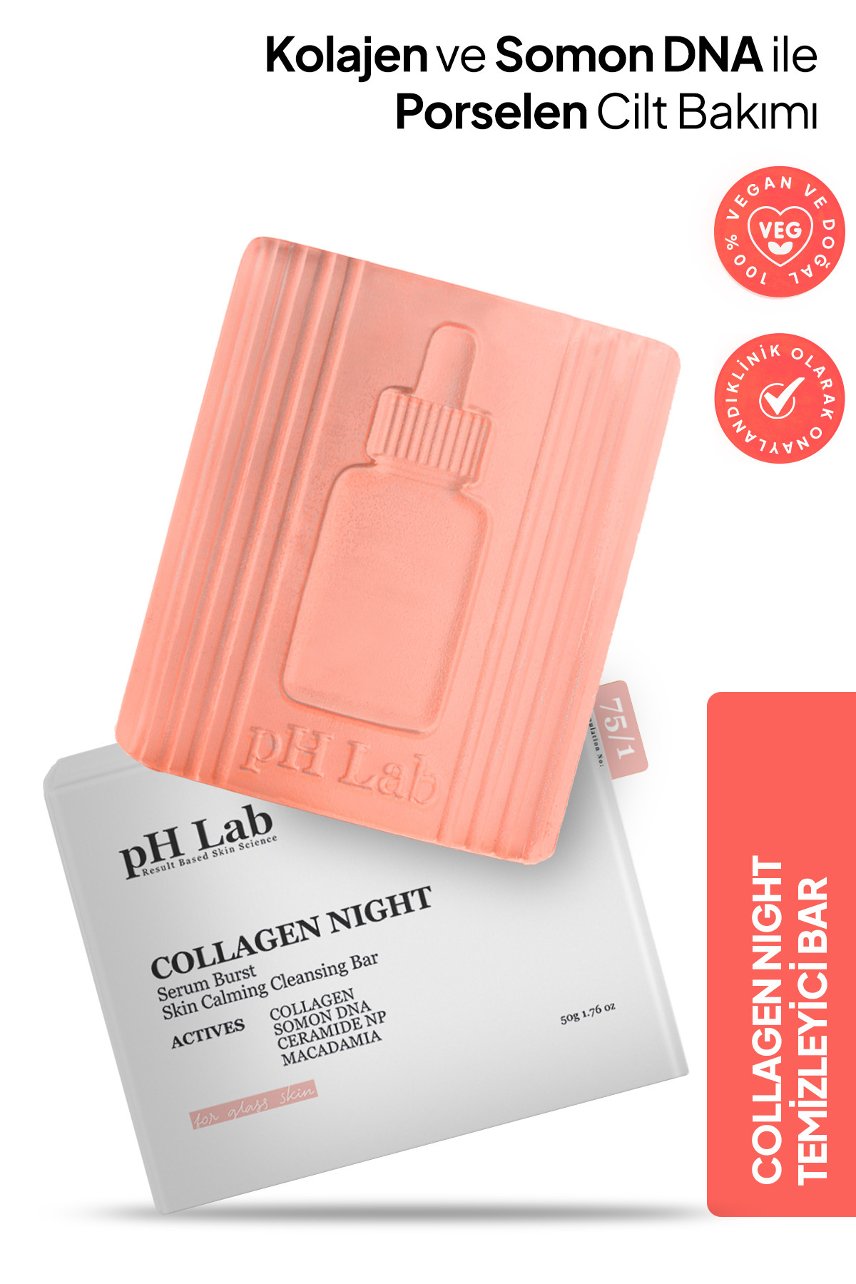 Ph Lab Phlab Collagen Night Kolajen ve Somon DNA'lı Gece Yüz Bakım Barı, Kolajen Sabunu, Porselen Cam Cilt