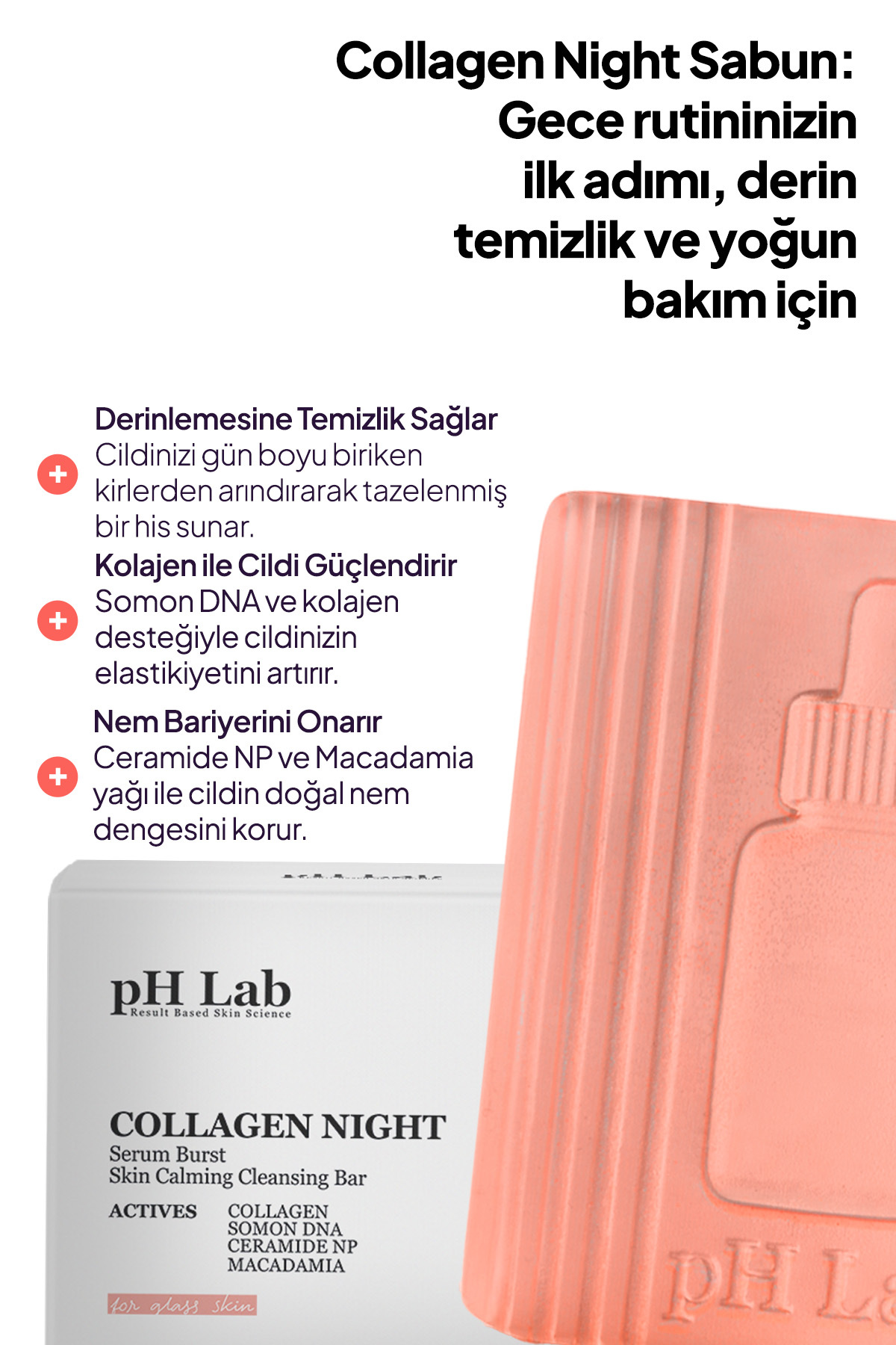 Ph Lab Phlab Collagen Night Kolajen ve Somon DNA'lı Gece Yüz Bakım Barı, Kolajen Sabunu, Porselen Cam Cilt - Görsel 3