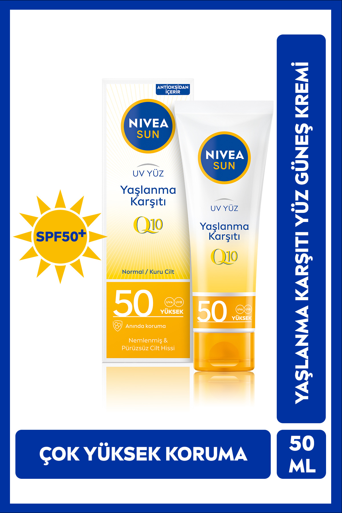 NIVEA SUN SPF50 Q10 Yaşlanma Karşıtı Yüz Güneş Koruyucu Krem 50ml, Çok Yüksek Koruyucu,Antioksidan,Renksiz