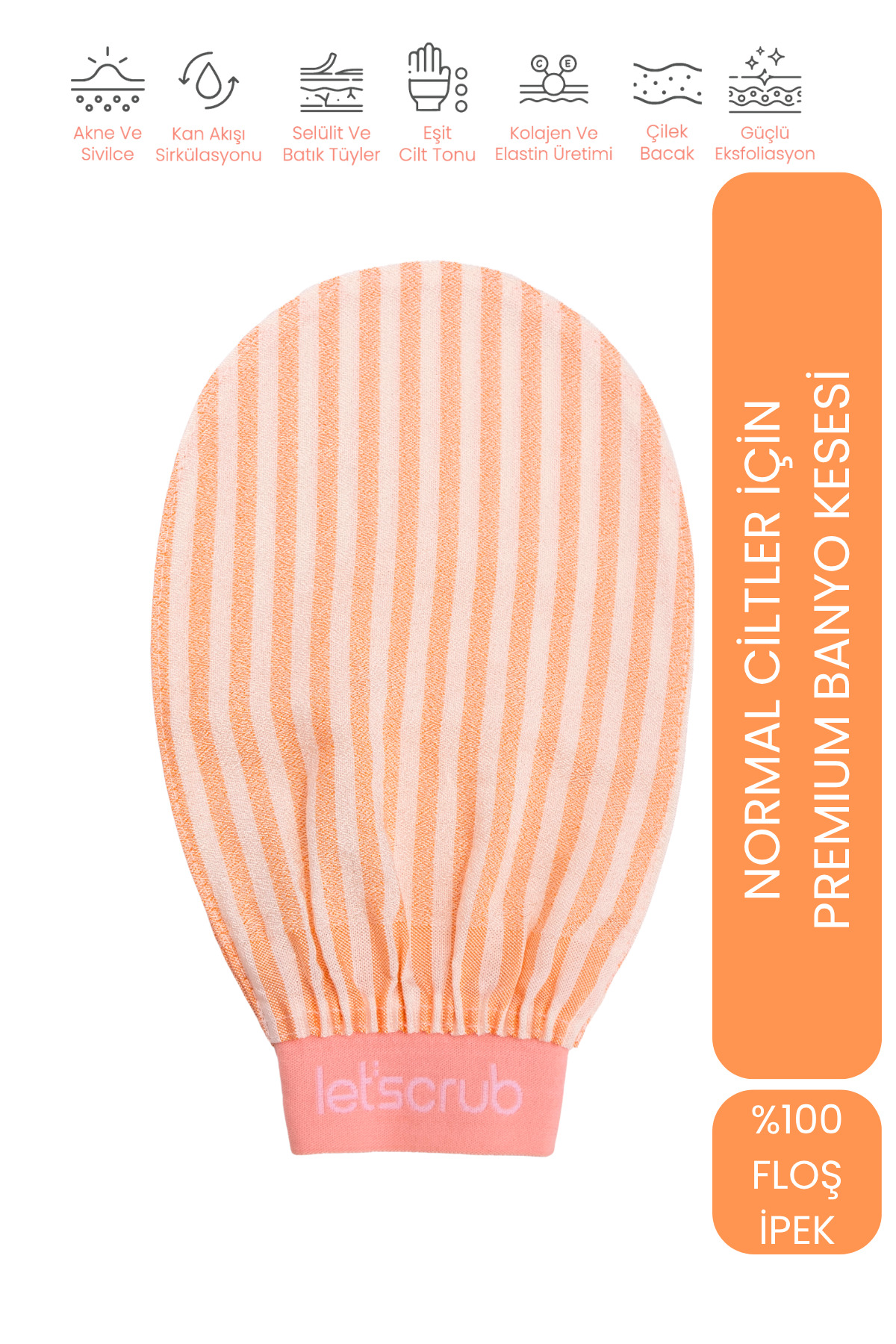 LET'SCRUB Premium Ekru Turuncu Zebra Banyo Duş Kesesi Peeling Eldiveni %100 Floş Ipek Normal Ciltler Için