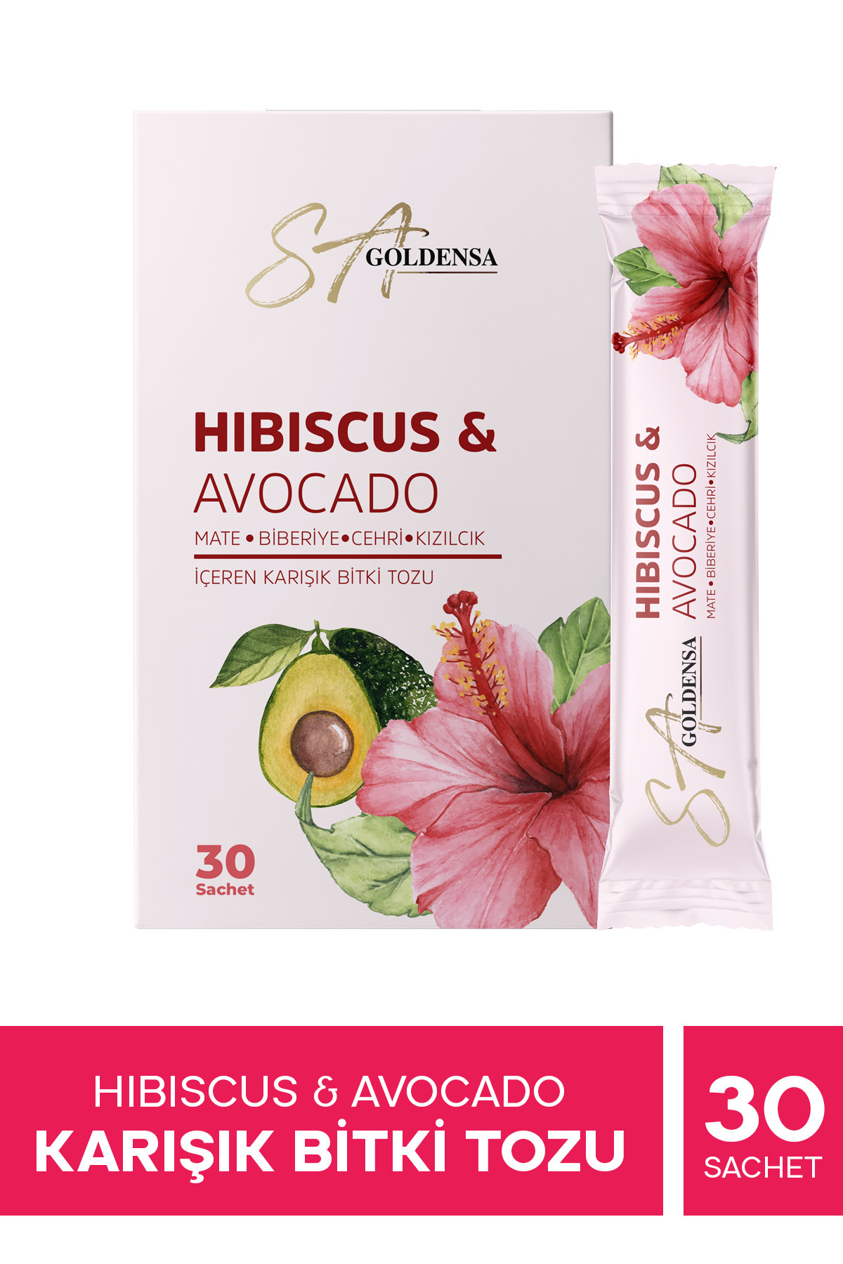 SA GoldenSA Hibiscus & Avocado Mate, Biberiye, Cehri, Kızılcık İçeren Karışık Bitki Tozu - 30 Saşet