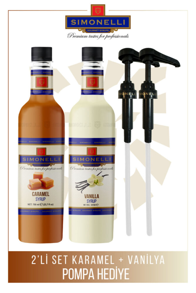 Simonelli Coffee and Cocktail Syrup, Caramel Flavored, Vanilla Flavored, 700 ml, with Free Pump