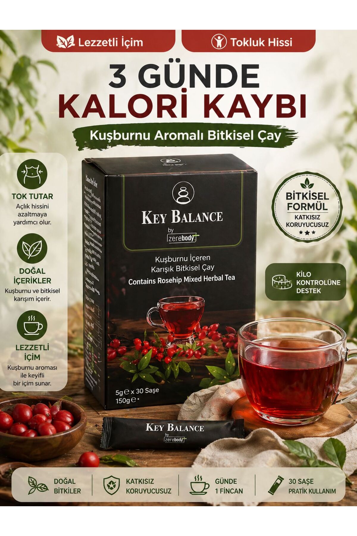 keybalance sağlık ve form Zerobody Bitkisel Form Çayı – 30 Günlük | Kuşburnu Aromalı | Tok Tutar |
