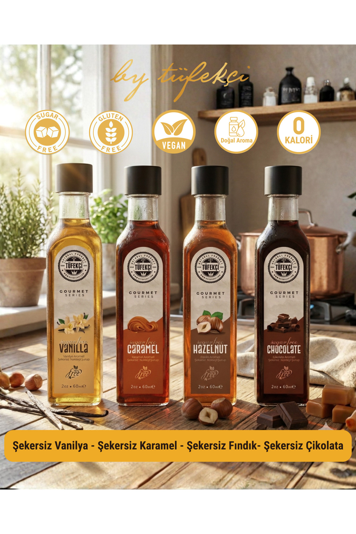By Tüfekçi Şekersiz (Sugar Free) 4’lü Deneme Şurup Seti | Kahve Şurubu | Kalorisiz Formül (4x60 ml) + 1 Hediye