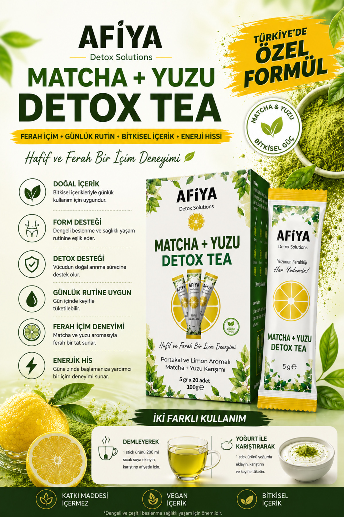 Afiya Detox Solutions Matcha (MAÇA) Çayı Ve Yuzu Detoks Çayı, 2'li Güçlü Karışım, Diyet ve Form Destekleyici Detox Çay 20 Adet 100 gr