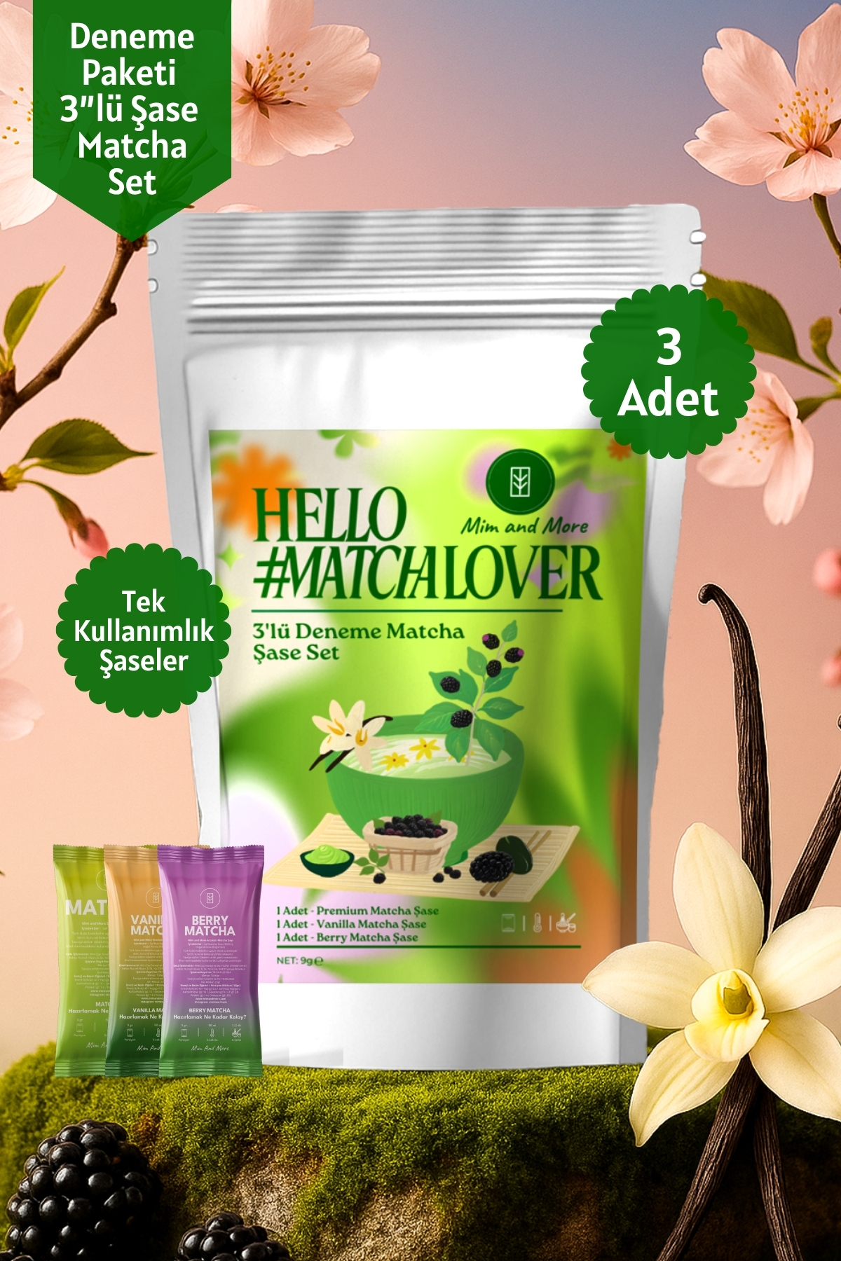 Mim and More Matcha Deneme Seti 3'lü - Saf, Vanilya, Böğürtlen Aromalı Deneme Matcha Seti 3x3 gr